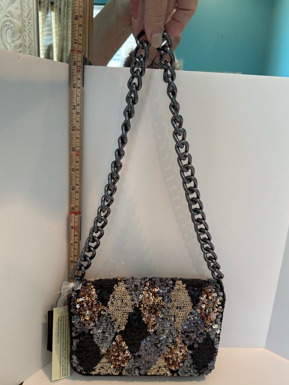 * Sequin & Beaded Diamond-Pattern Evening Bag in Multi Metallic Tones